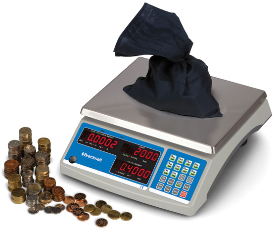 CC-804 scale image with bag on scale and coins on side